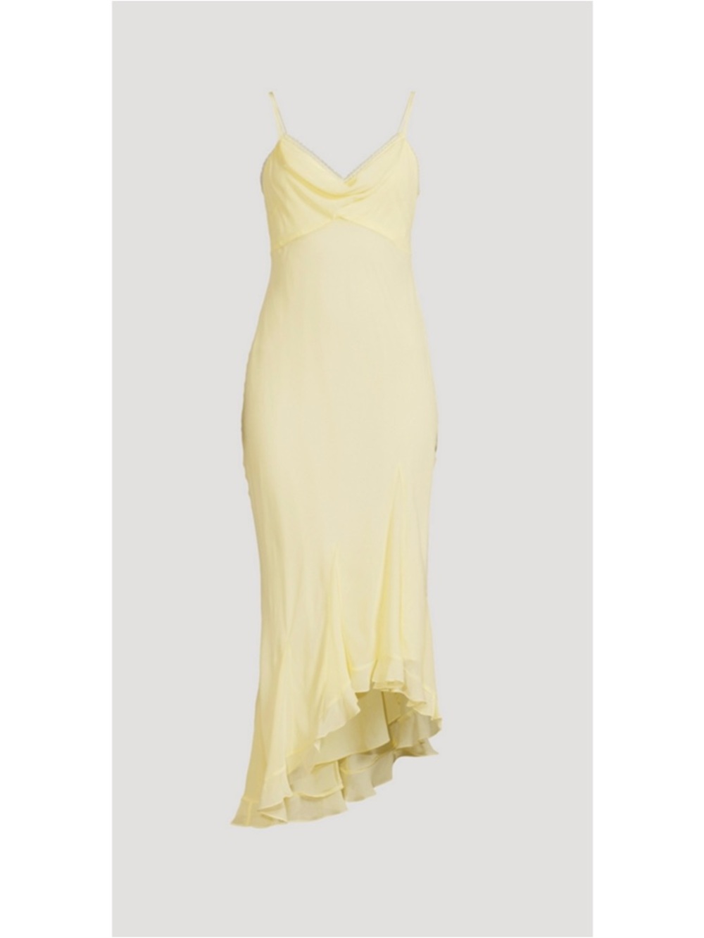 LoveShackFancy Pale Yellow Slip Midi Dress with Asymmetric Ruffle Hem